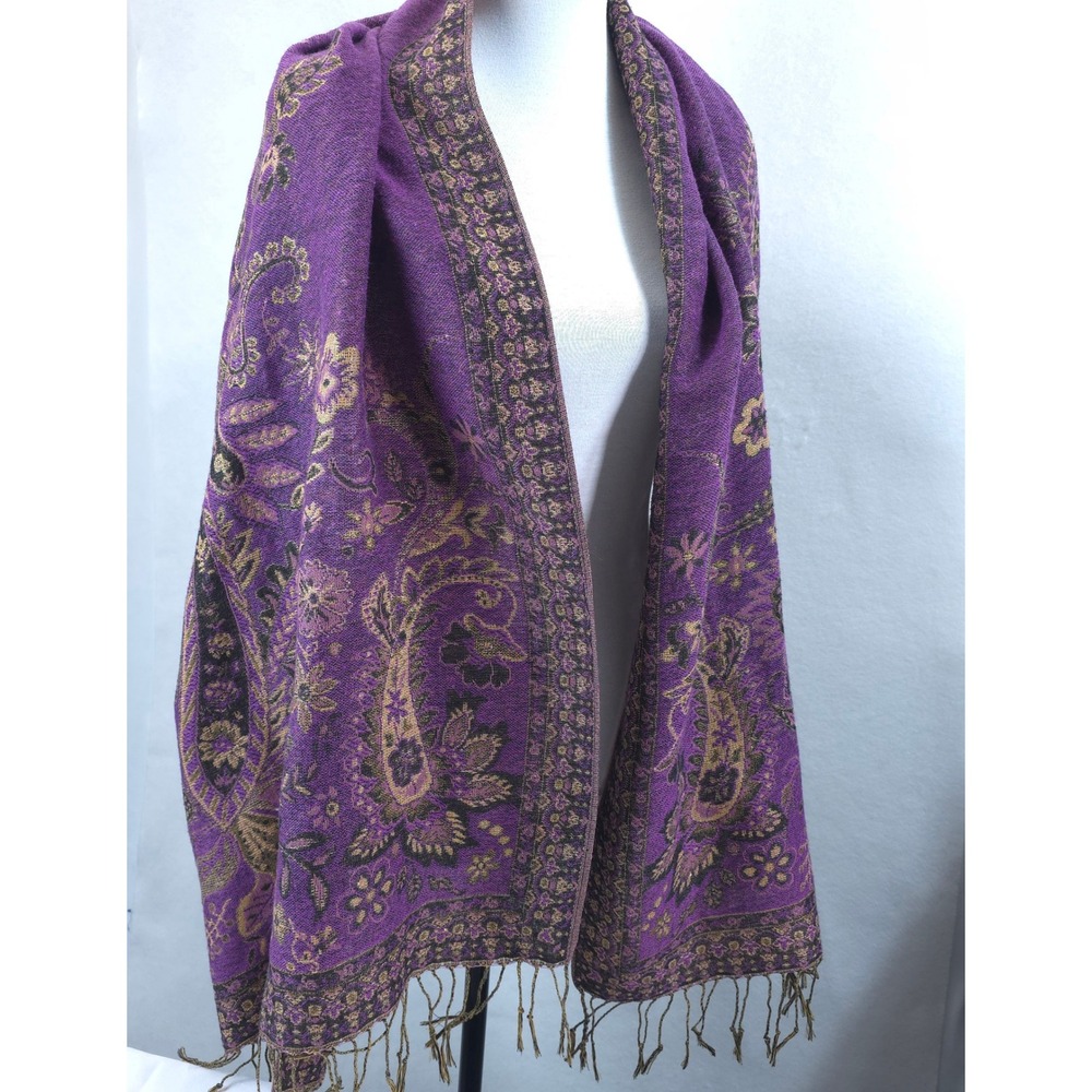 Purple Gold Paisley Pashmina Shawl Wrap Scarf Fringe 70x27